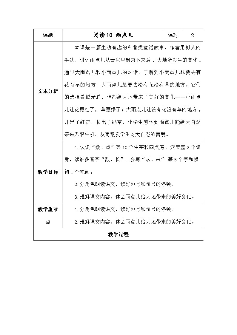 语文统编版(2024)一年级上册阅读10雨点儿 教案第1页