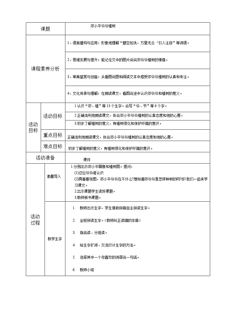 统编版语文二年级下册 4邓小平爷爷植树 教学设计(表格式)第1页