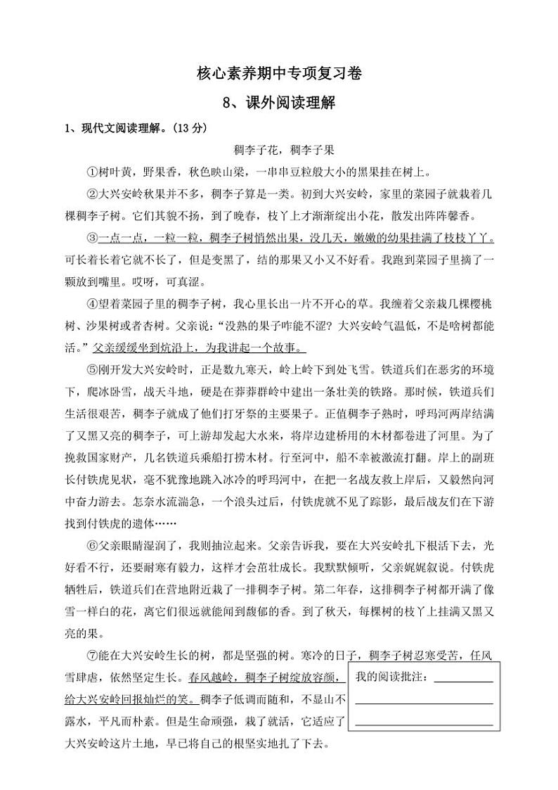 部编版2024~2025学年六年级语文上册核心素养期中专项复习卷8、课外阅读理解(含答案)第1页