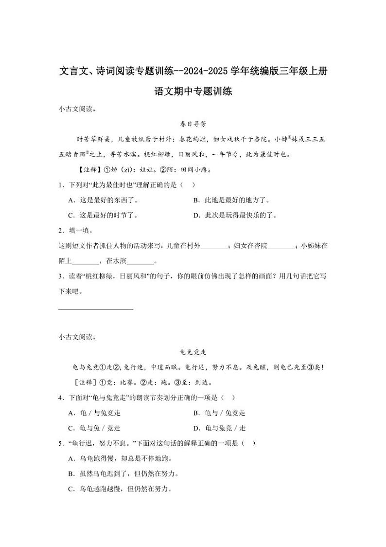 2024~2025学年统编版三年级上册语文期中专题训练:文言文、诗词阅读专题训练(含答案)01