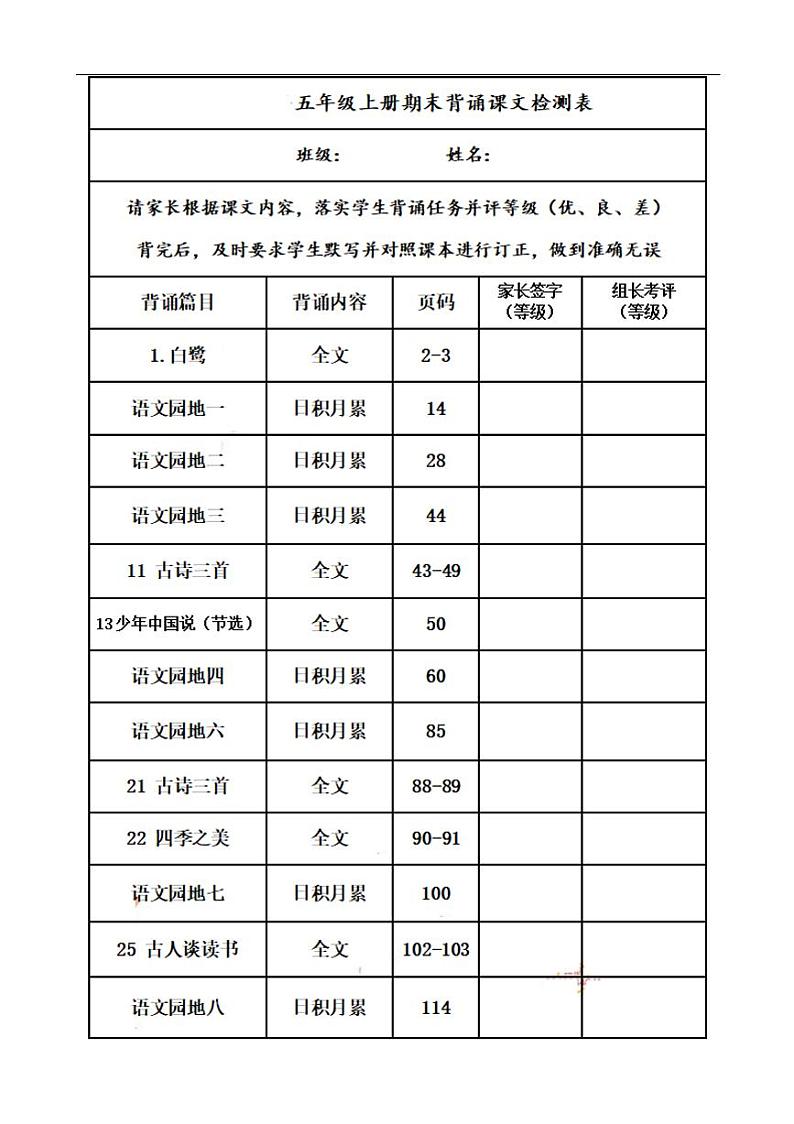 部编版五(上)语文期末:课文内容及知识点闯关表.pdf版第1页