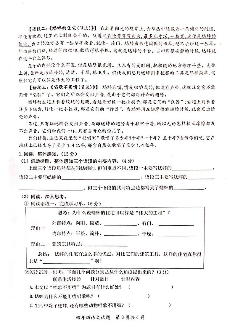 山东省枣庄市山亭区2024-2025学年四年级上学期11月期中语文试题03