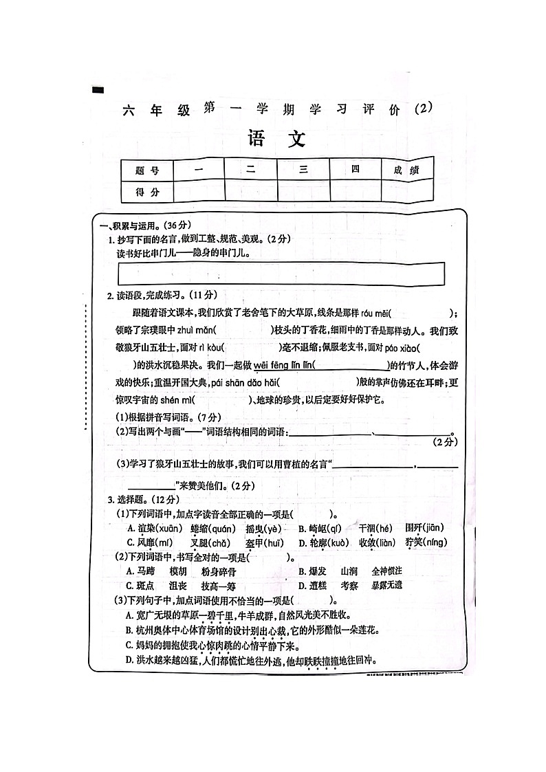 广东省云浮市实验小学2024-2025学年六年级上学期11月期中语文试题01