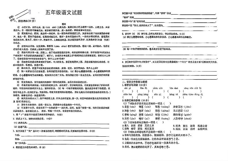 江苏省徐州市鼓楼区多校2024-2025学年五年级上学期期中语文试题第1页