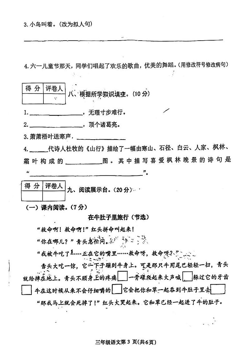 四川省达州市开江县西城小学教育集团2024-2025学年三年级上学期11月期中语文试题03