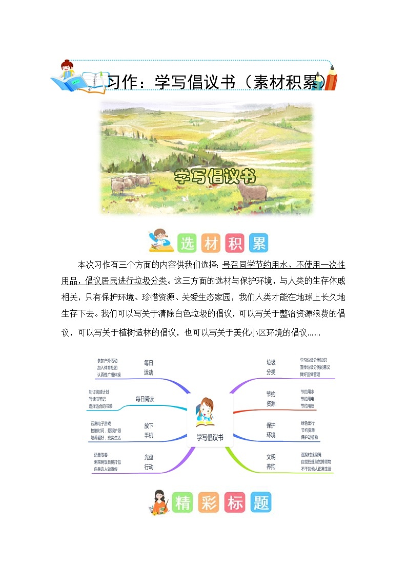 第六单元习作:学写倡议书(素材积累)六年级语文上册单元作文能力提升练习(统编版)第1页
