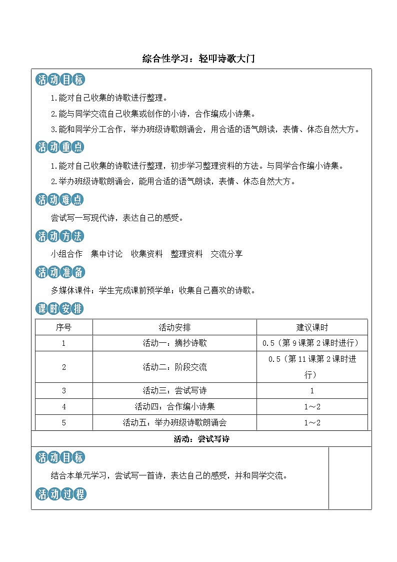 人教部编版语文四年级下册 综合性学习:轻叩诗歌大门 教案第1页