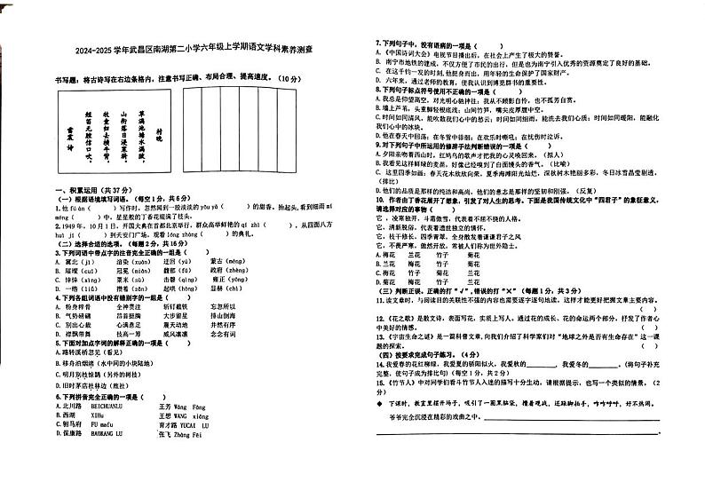 湖北省武汉市武昌区南湖第二小学2024-2025学年六年级上学期期中语文试卷01