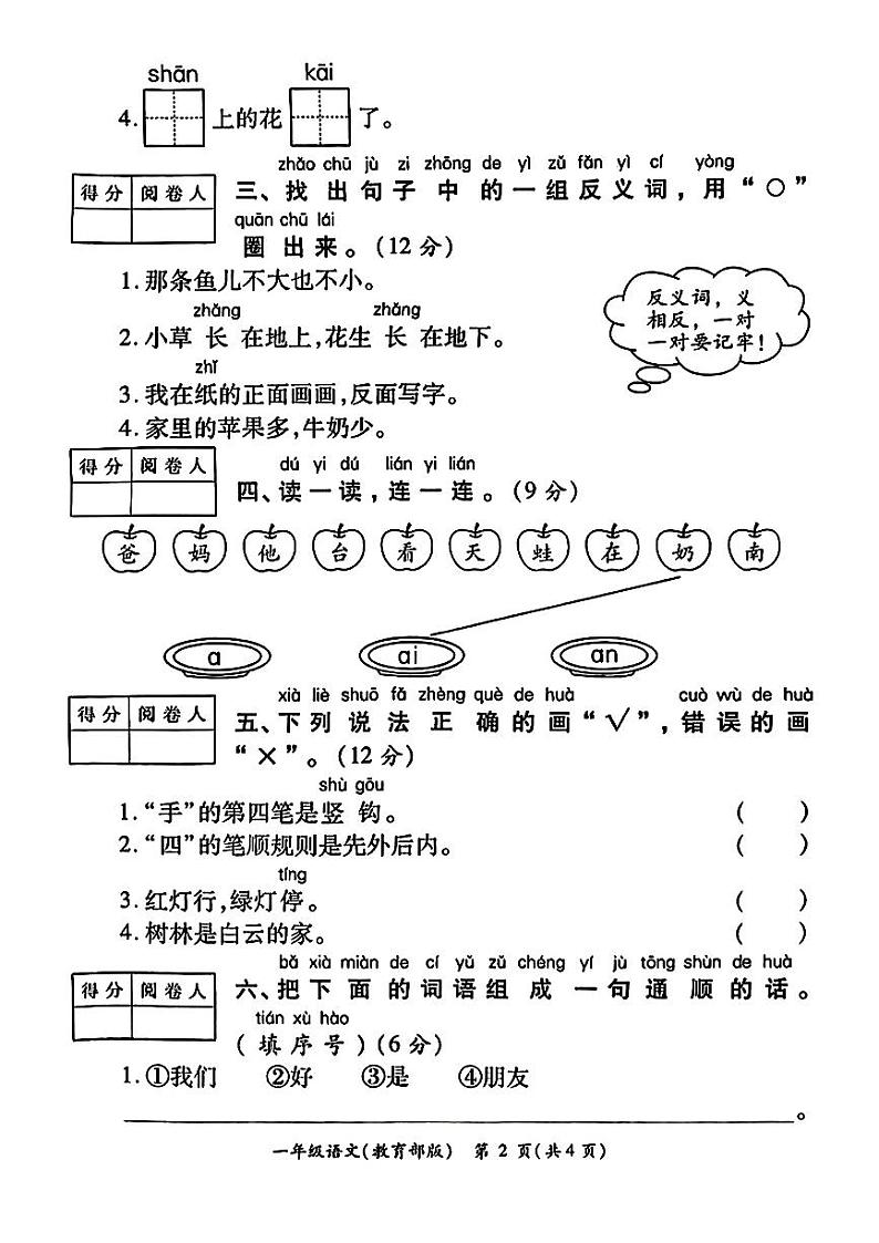 陕西省西安市新城区部分学校2023-2024学年一年级上学期期中学情分析语文试题第2页