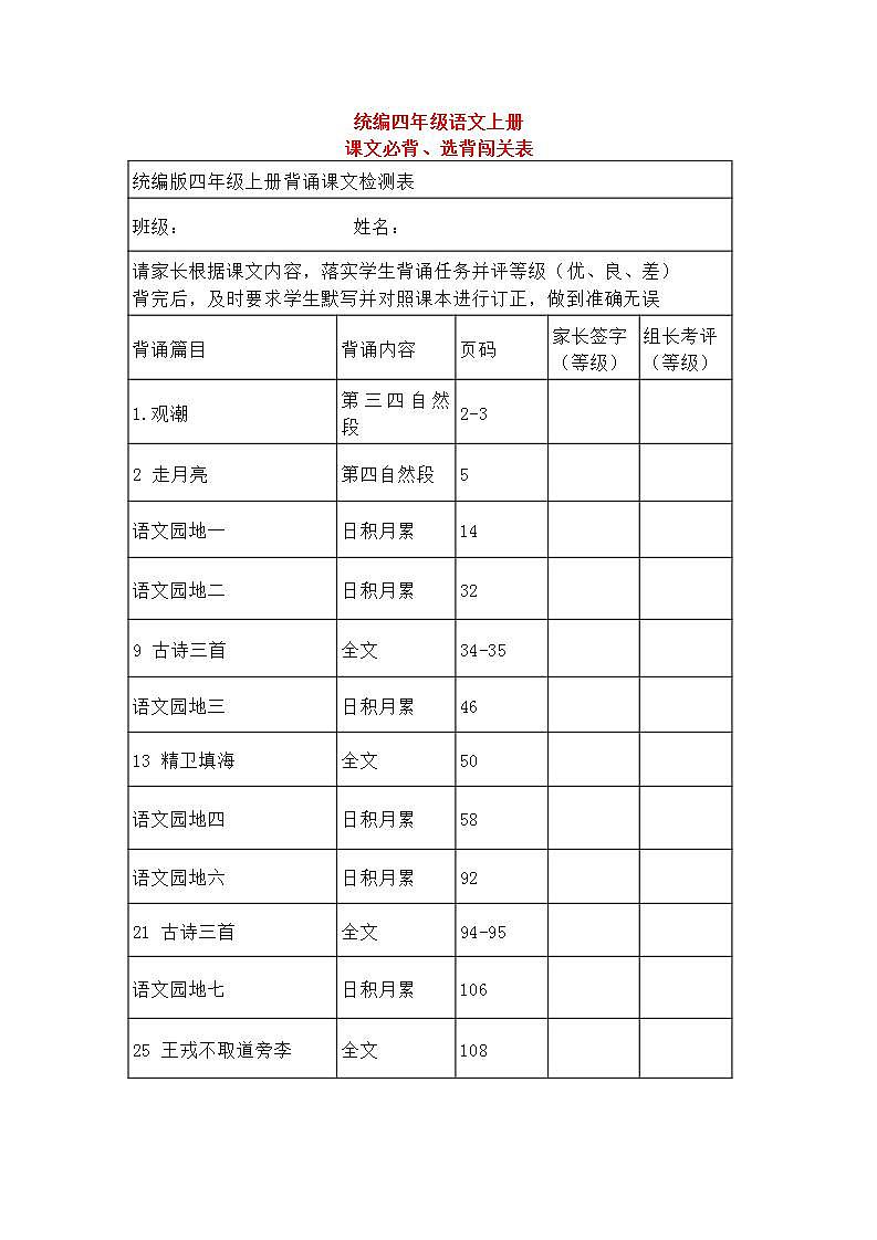 部编版四年级语文上册必背课文内容知识点第1页