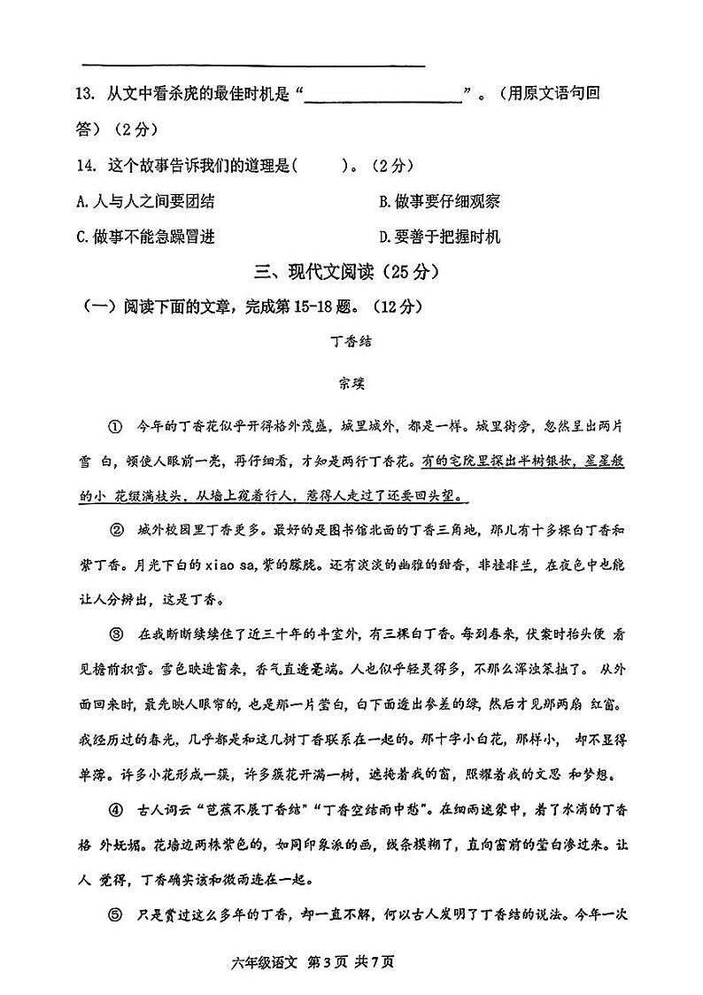 上海市闵行区部分学校2024-2025学年六年级上学期期中语文试题第3页