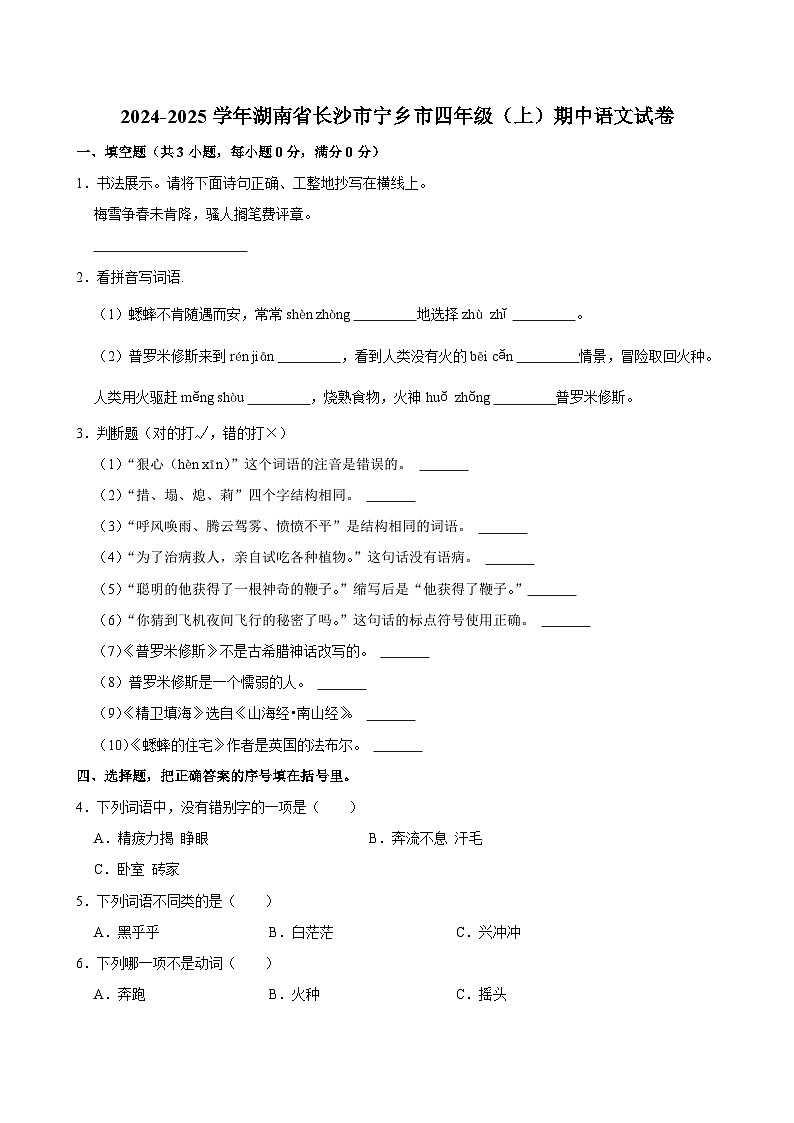 湖南省长沙市宁乡市2024-2025学年四年级上学期期中语文试卷第1页