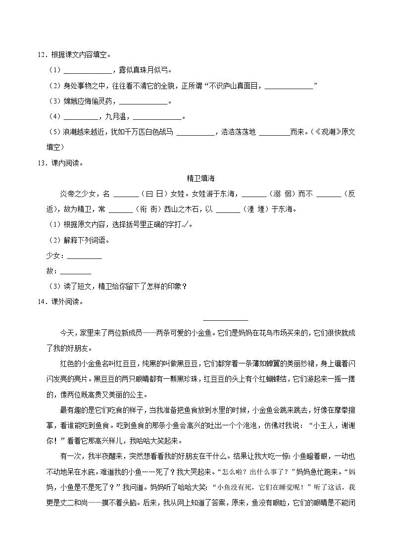 湖南省长沙市宁乡市2024-2025学年四年级上学期期中语文试卷第3页