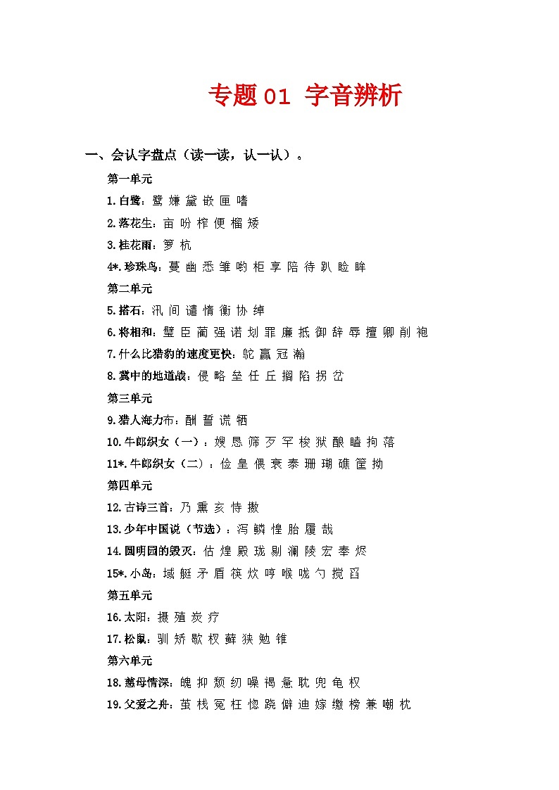 专题 01字音辨析 2024-2025学年五年级语文上册部编版期末复习知识点暨练习第1页