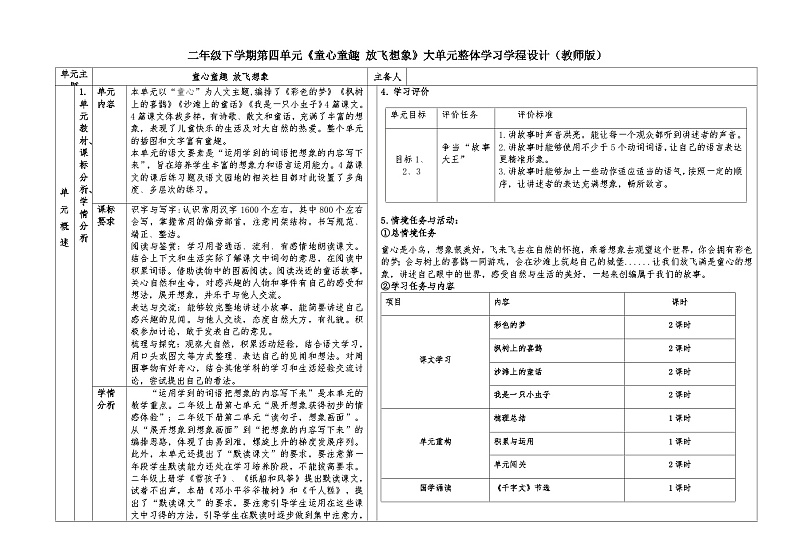 第四单元 教学设计 语文二年级下册统编版第1页