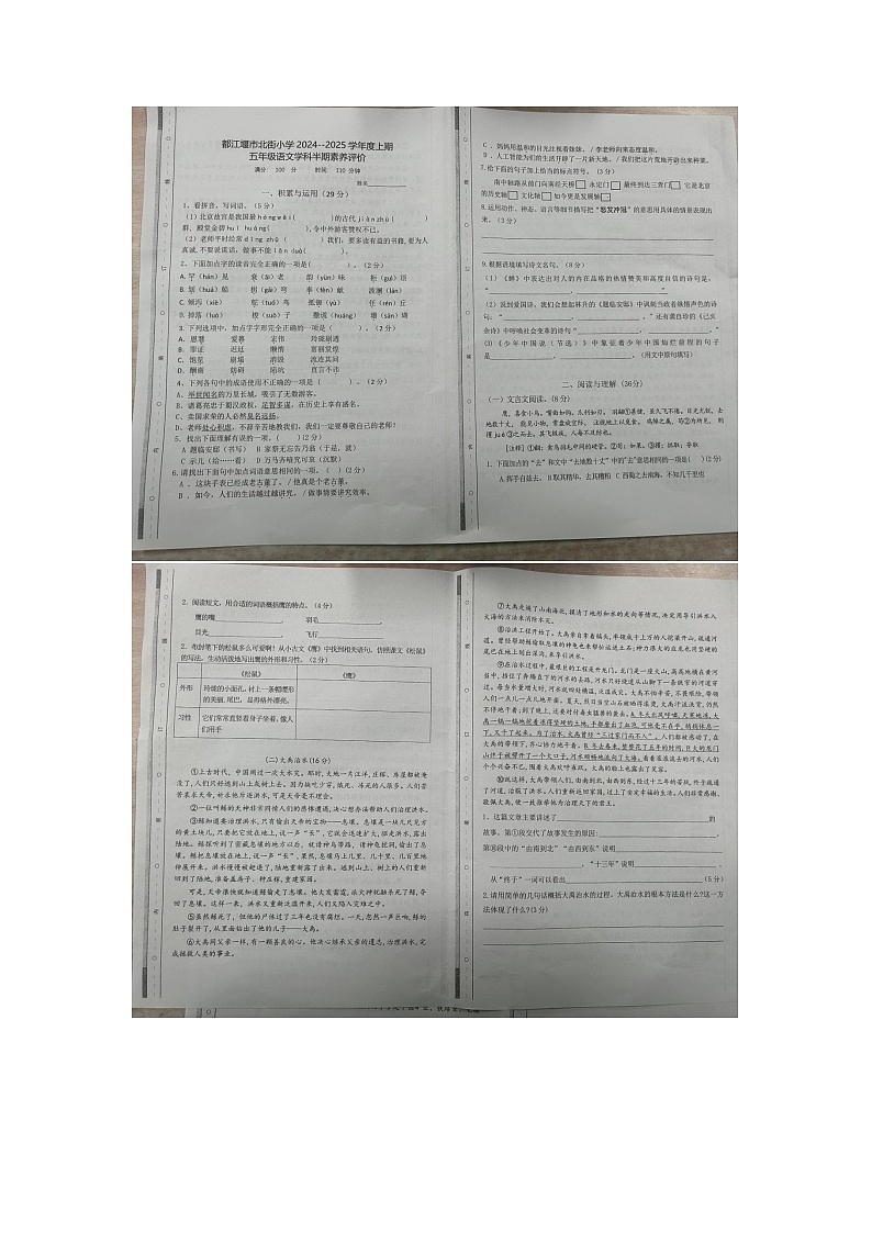 四川省成都市都江堰市都江堰市北街小学2024-2025学年五年级上学期11月期中语文试题第1页