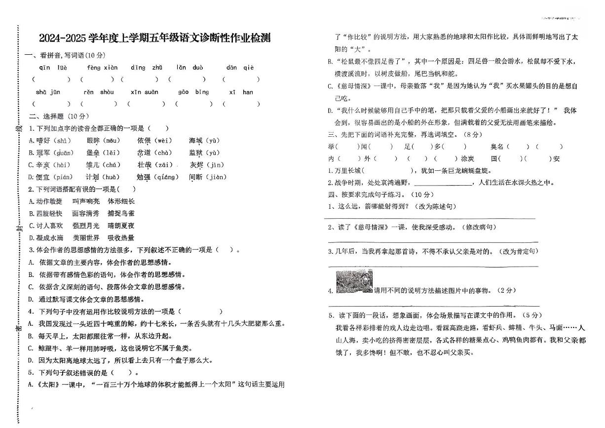 山东省泰安市新泰市2024-2025学年五年级上学期12月月考语文试题