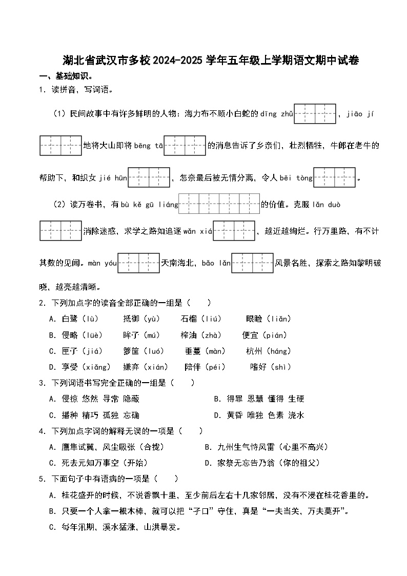 湖北省武汉市多校2024-2025学年五年级上学期语文期中试卷