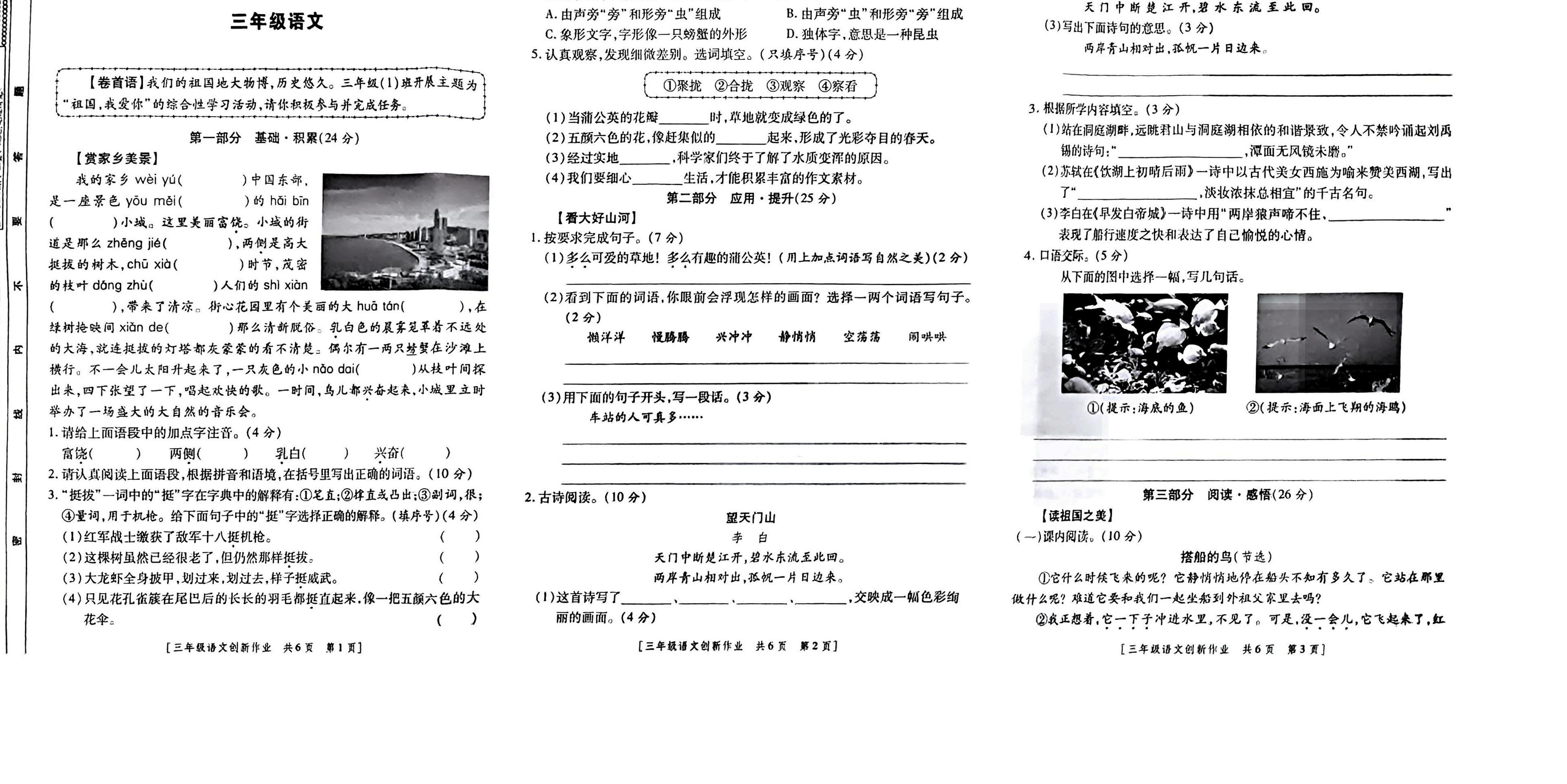 陕西省咸阳市旬邑县张洪镇中心小学2024-2025学年三年级上学期12月月考语文试题