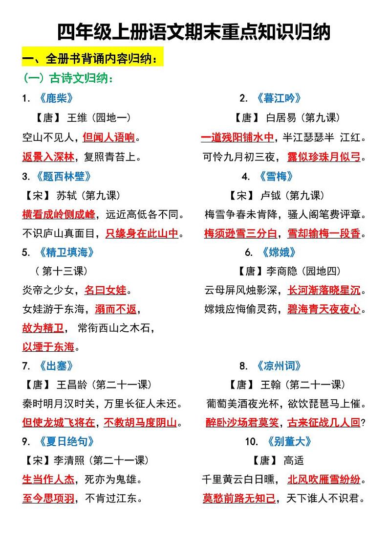 部编版四年级上册语文全册重点知识点汇总第1页