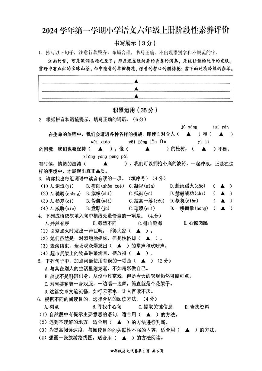 浙江省温州市瑞安市2024-2025学年六年级上学期12月月考语文试题