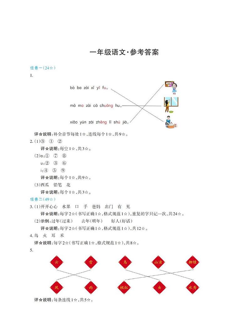 山西省太原市晋源区第六实验小学等四校2024-2025学年第一学期期末学情测试一年级语文试卷 一年级语文答案第1页