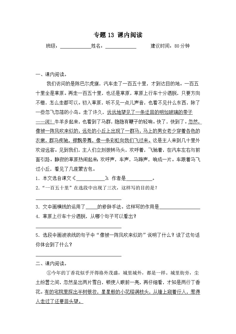 专题13 课内阅读-2024-2025学年语文六年级上学期期末专项练习 统编版第1页