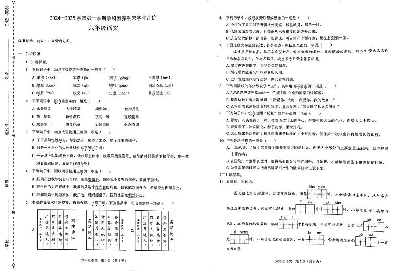 广东省深圳市坪山区2024-2025学年六年级上学期1月期末语文试题第1页