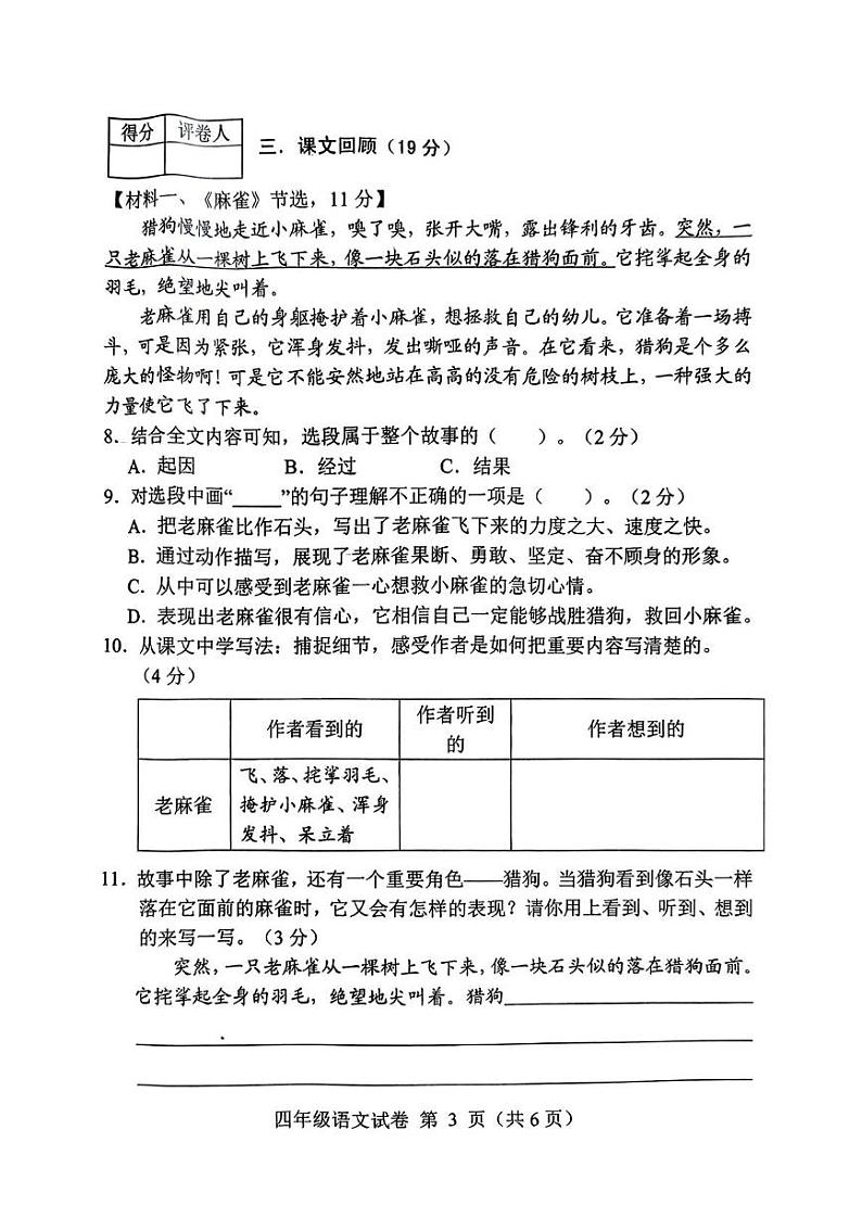 河北省保定市蠡县2024-2025学年四年级上学期期末语文试题第3页