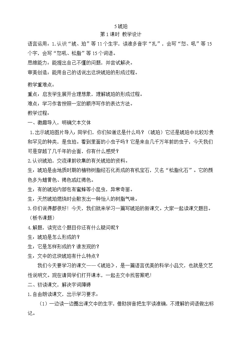 5琥珀 第1课时 教案第1页