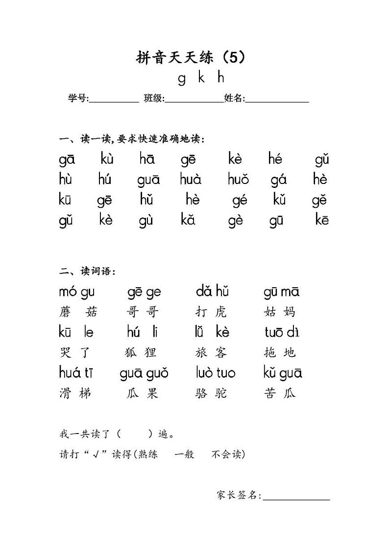 8.《汉语拼音 g k h》作业单 拼音天天练(5)第1页