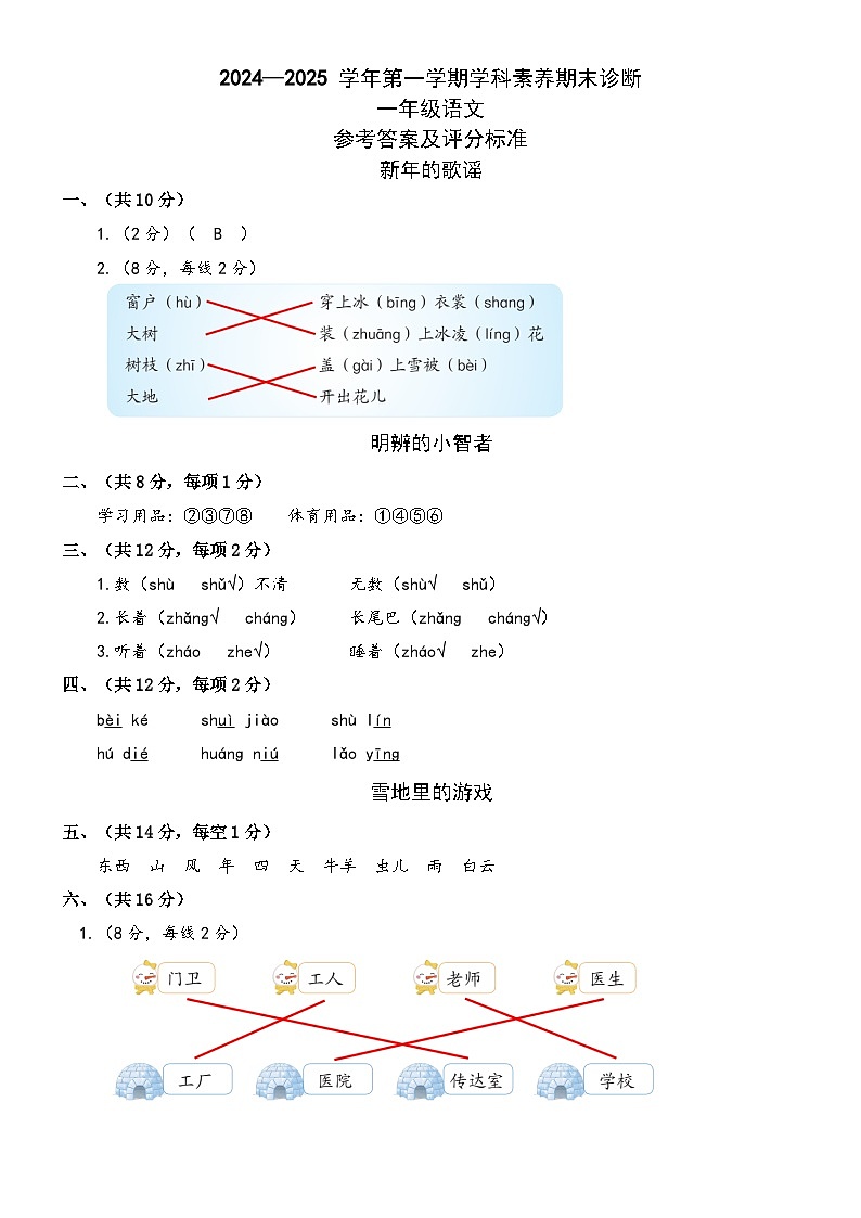 2024—2025学年第一学期学科素养期末诊断_1年级语文_答案第1页