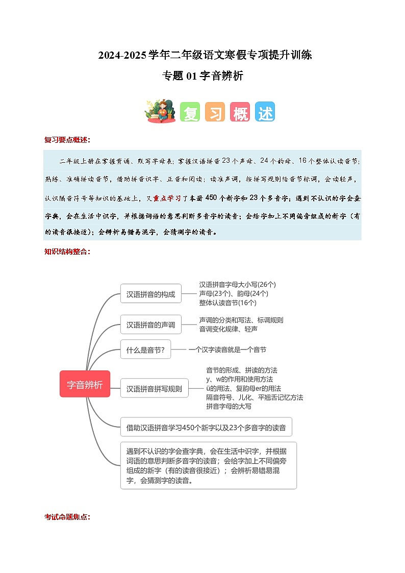專題01字音辨析-2024-2025學(xué)年二年級(jí)語(yǔ)文寒假專項(xiàng)提升訓(xùn)練（統(tǒng)編版）第1頁(yè)