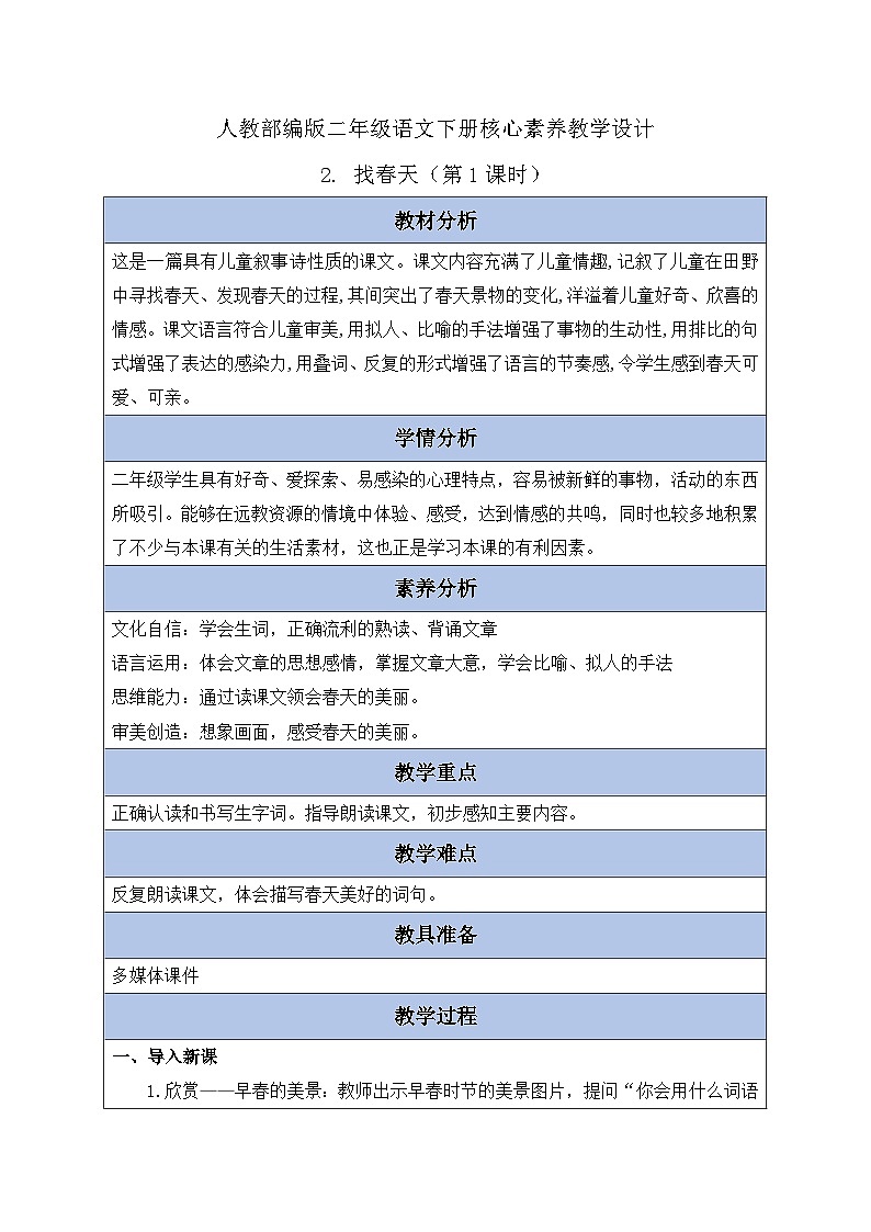 【备课无忧】统编版二下-2. 找春天 第1课时(教学设计含反思)第1页