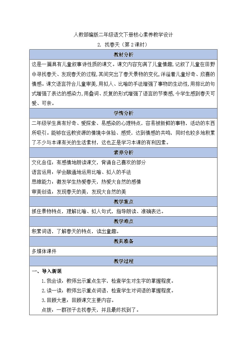 【备课无忧】统编版二下-2. 找春天 第2课时(教学设计含反思)第1页