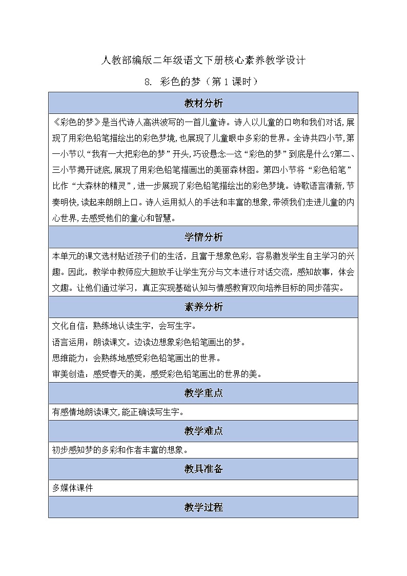 【备课无忧】统编版二下-8. 彩色的梦 第1课时(教案含反思)第1页