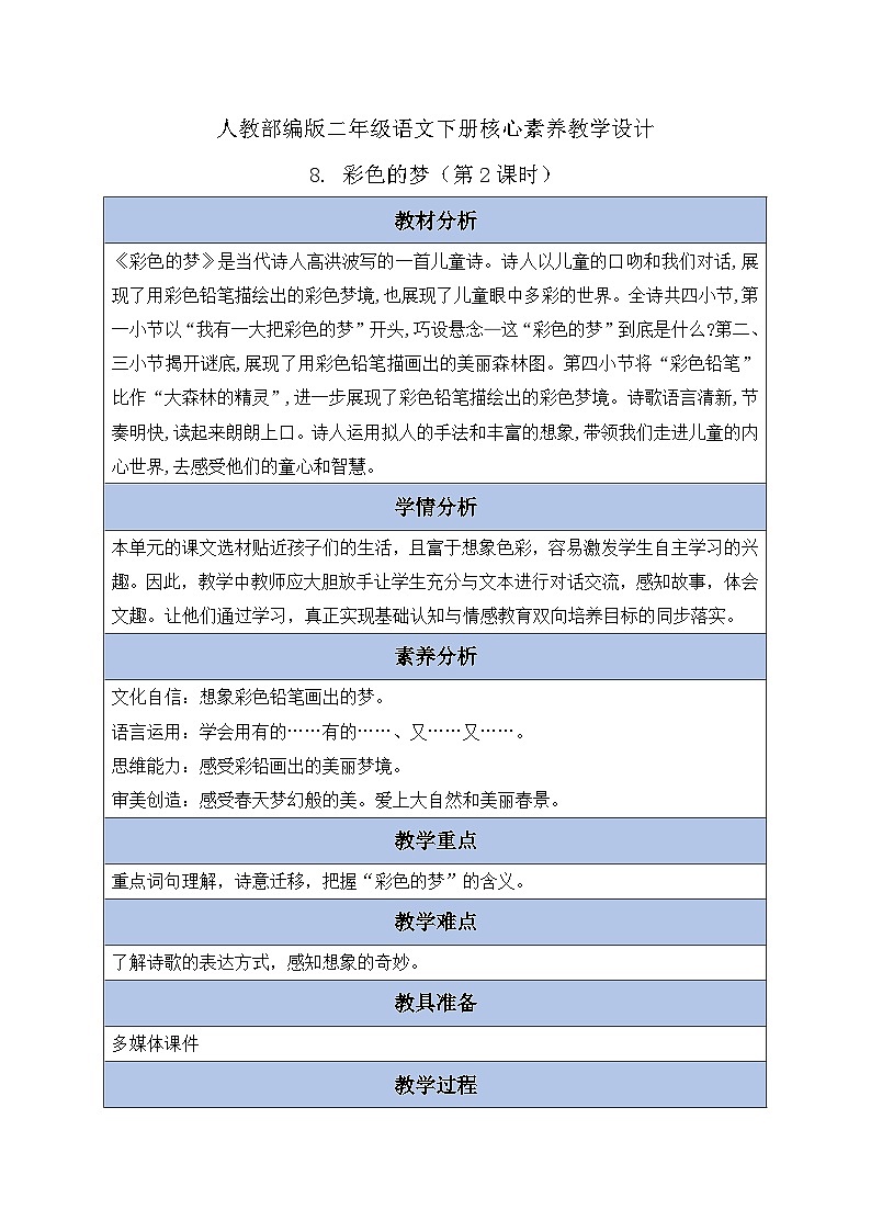 【备课无忧】统编版二下-8. 彩色的梦 第2课时(教案含反思)第1页
