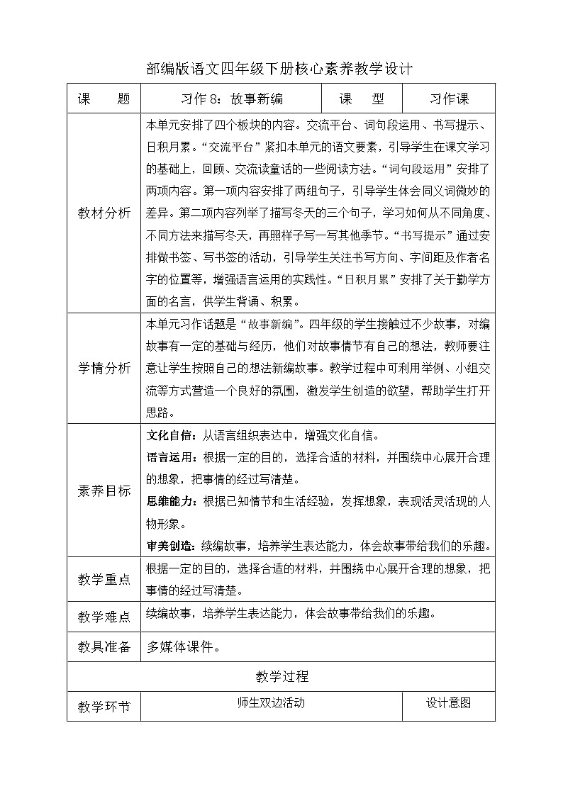 【备课无忧】统编版四下-习作8:故事新编(教学设计含反思)第1页
