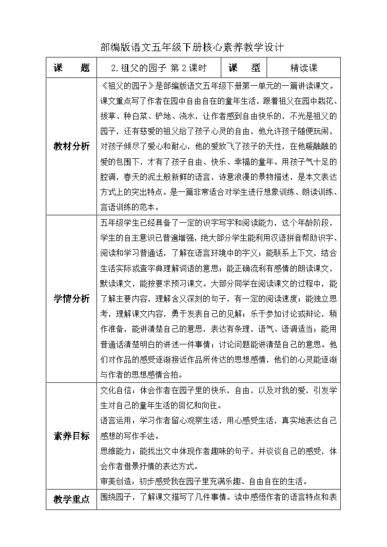 【备课无忧】统编版语文五下-2.祖父的园子 第2课时(教学设计含反思)第1页