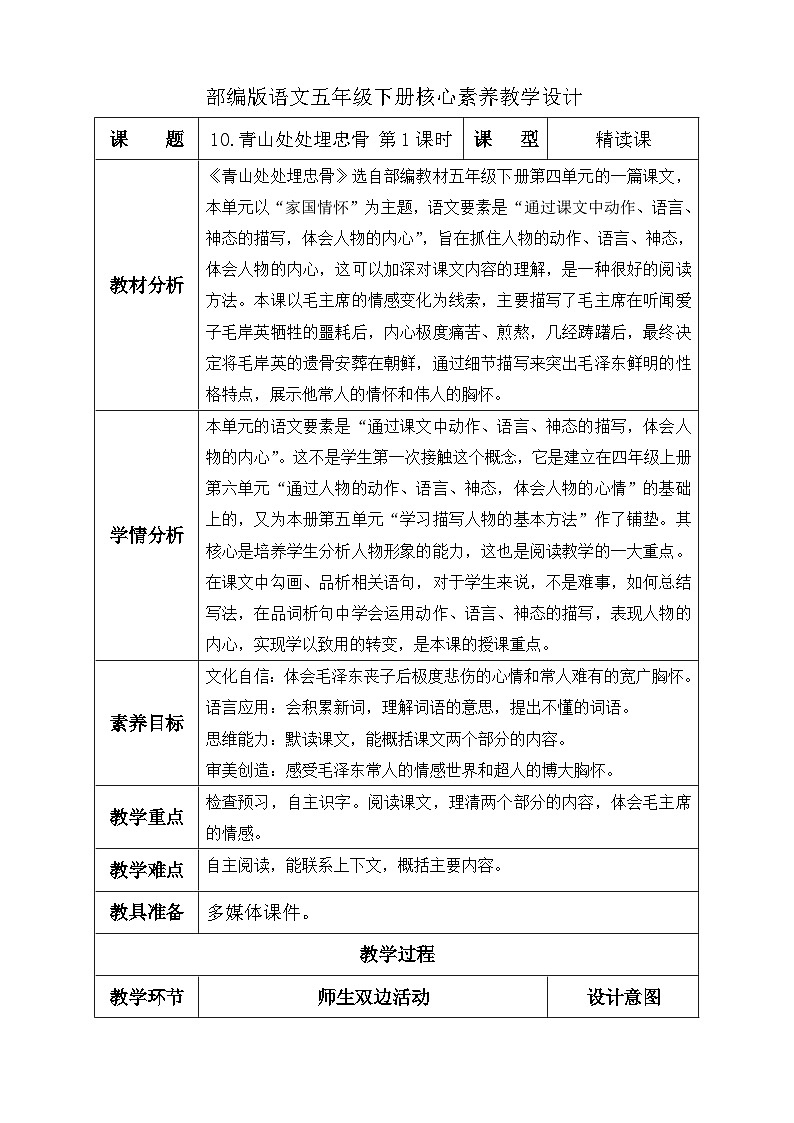 【备课无忧】统编版语文五下-10.青山处处埋忠骨 第1课时(教学设计含反思)第1页