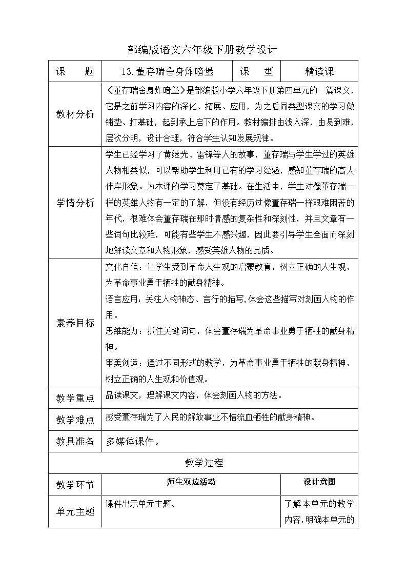【備課無憂】統(tǒng)編版六下-13. 董存瑞舍身炸暗堡（教案含反思）第1頁