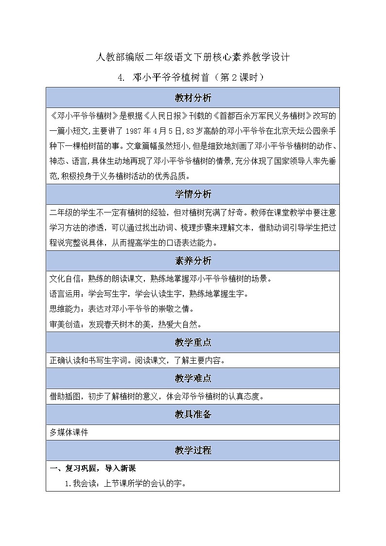 【备课无忧】统编版二下-4. 邓小平爷爷植树 第2课时(教案含反思)第1页