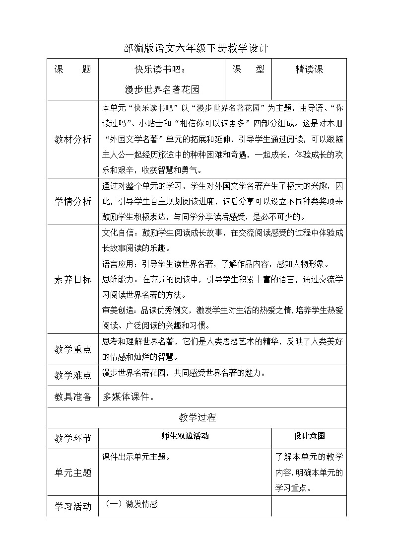 【备课无忧】统编版六下-快乐读书吧:漫步世界名著花园(教案含反思)第1页