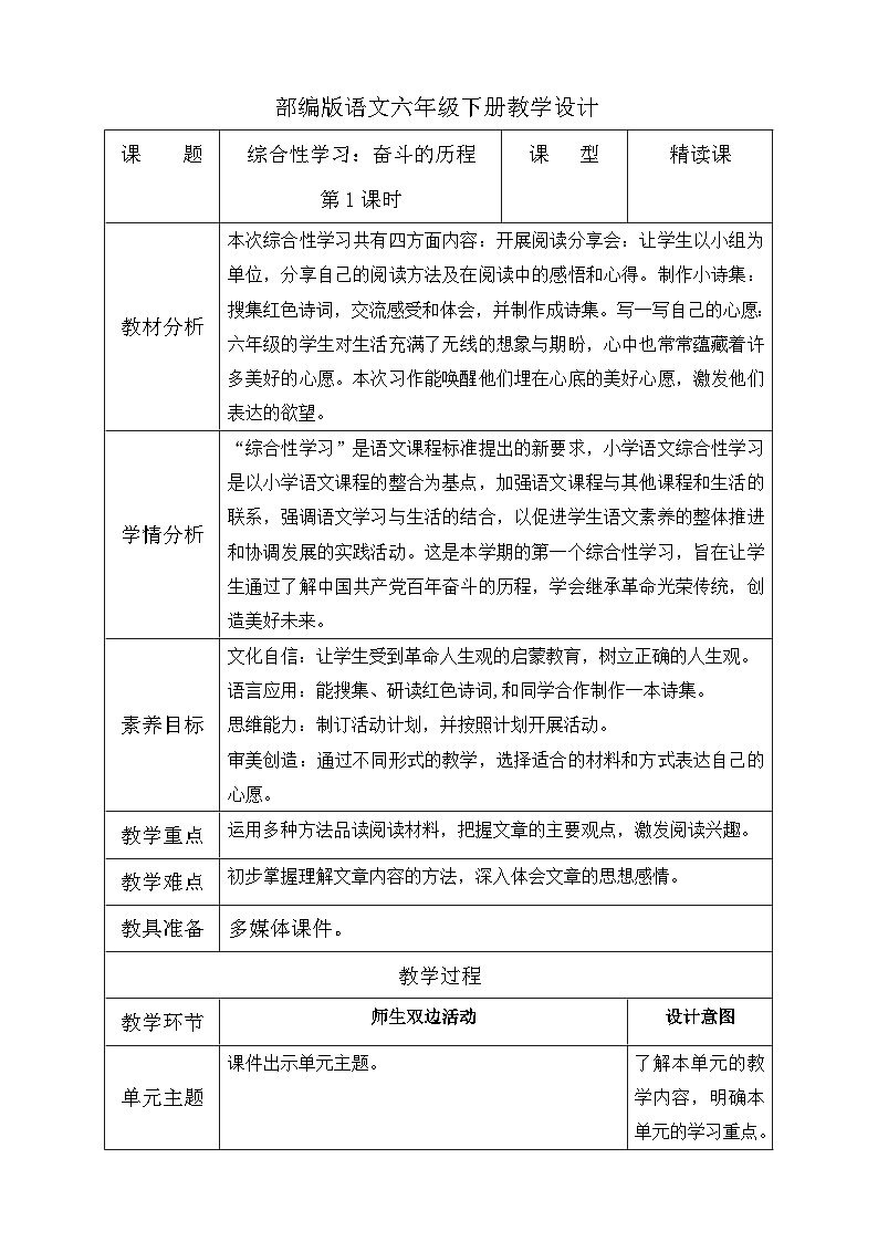 【备课无忧】统编版六下-综合性学习:奋斗的历程 第1课时(教案含反思)第1页