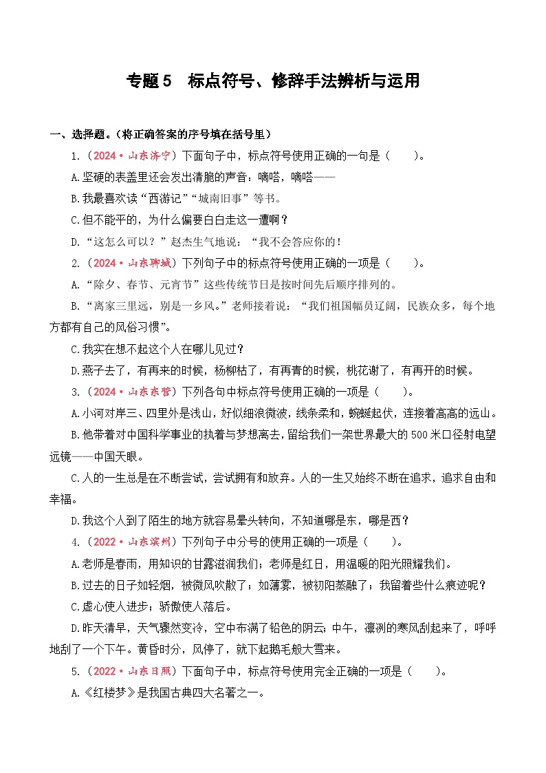 专题5  标点符号、修辞手法辨析与运用-2024-2025学年小升初语文备考真题分类汇编（山东专版）