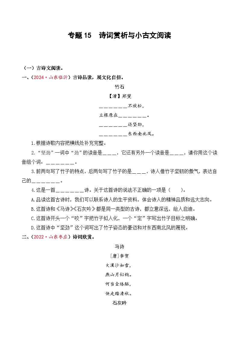 专题15  诗词赏析与小古文阅读-2024-2025学年小升初语文备考真题分类汇编（山东专版）