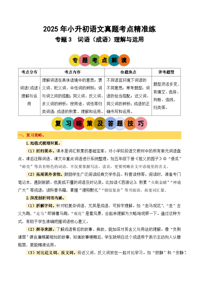 专题3 词语（成语）理解与运用-2024-2025学年小升初语文备考真题分类汇编（统编版）