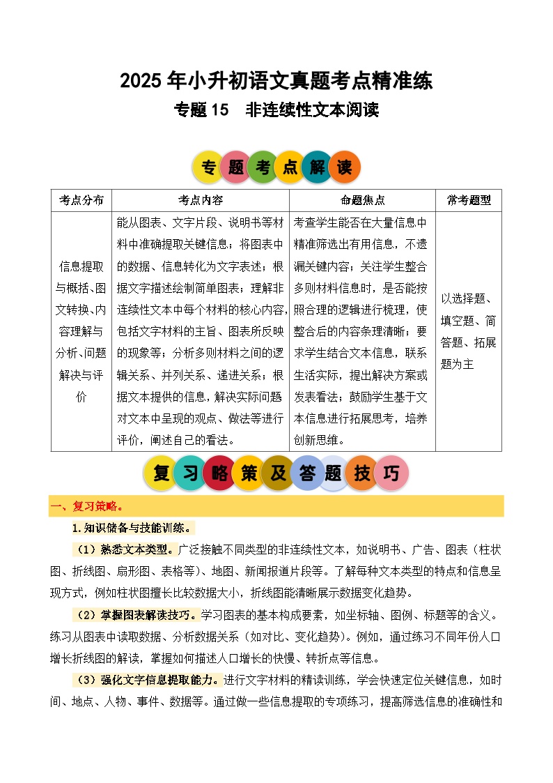 专题15 非连续性文本阅读-2024-2025学年小升初语文备考真题分类汇编（统编版）