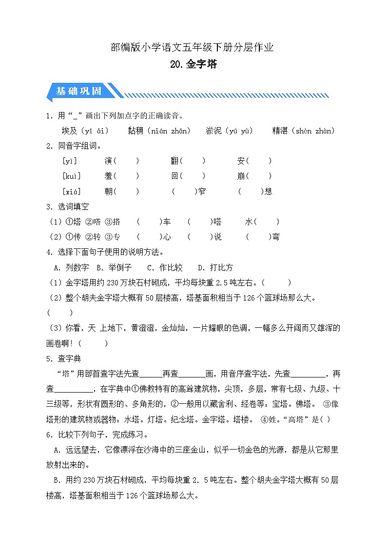 统编版语文五下课时分层作业-20.金字塔(含答案)第1页