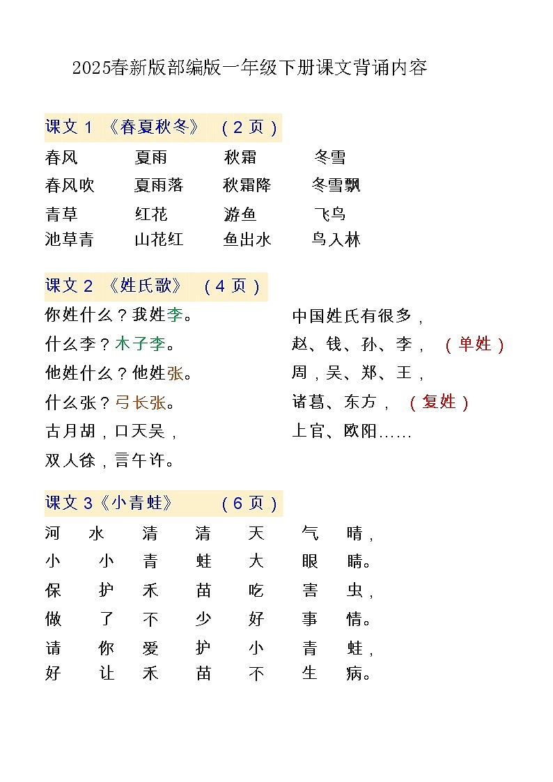 2025春新版部编版语文一年级下册期末课文背诵内容知识点第1页